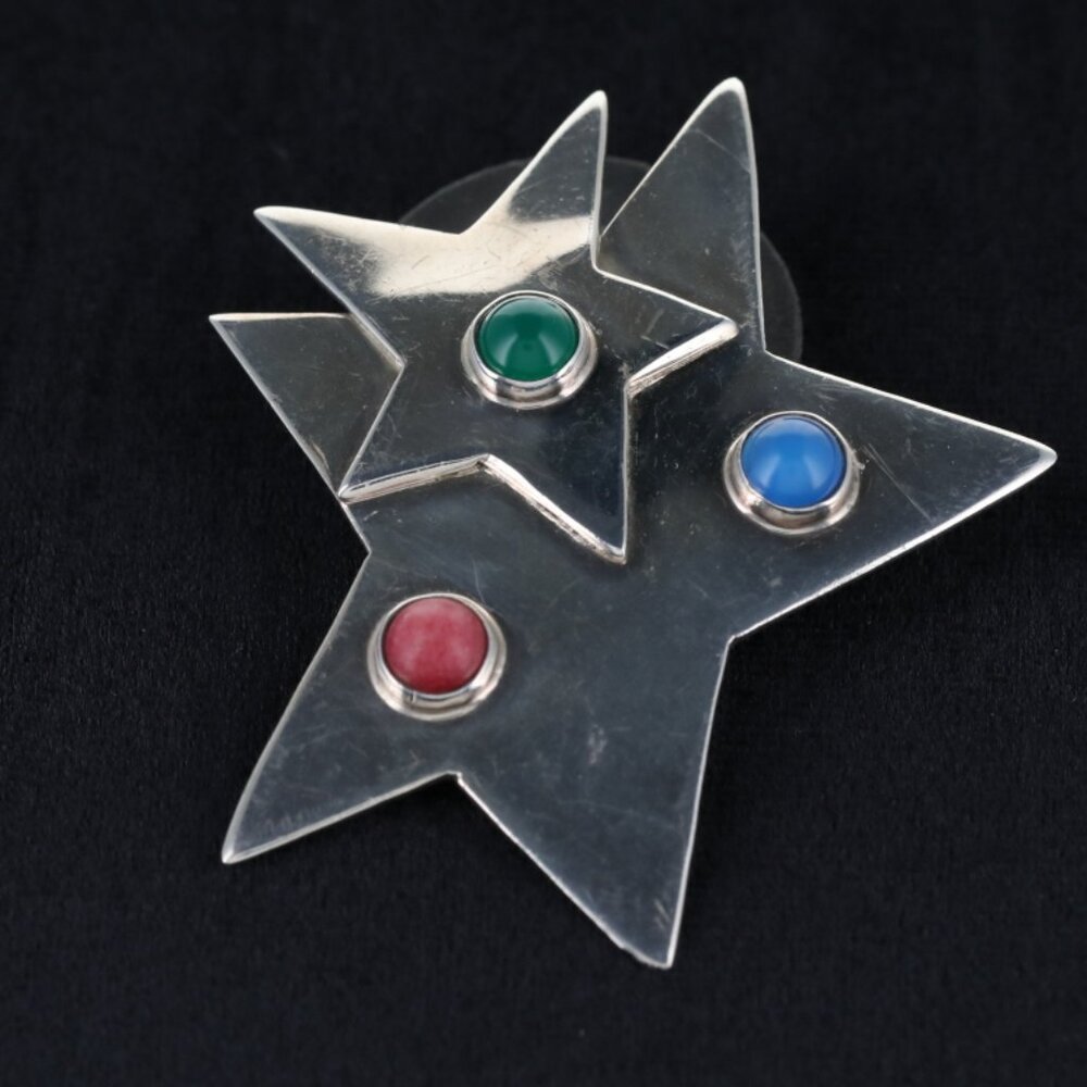 Taxco Silver Star Brooch with Colorful Accents